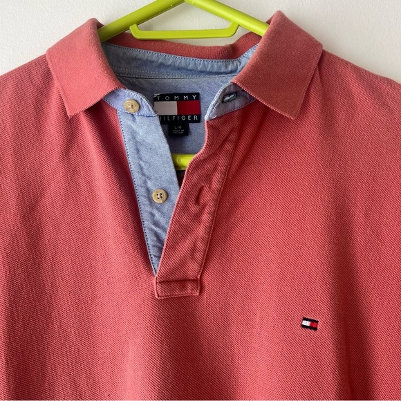 Tommy Hilfiger Salmon Pink Red Polo Shirt Men’s L Y2K Preppy Classic 100% Cotton - Picture 2 of 8